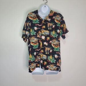 Denim & flower black Hawaiian print button down shirt